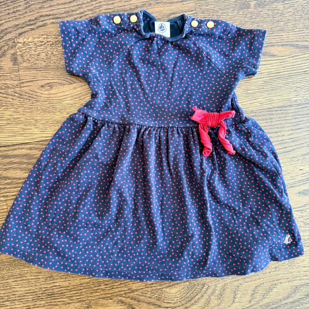 Petit Bateau Navy Blue and Red Dot Baby Dress